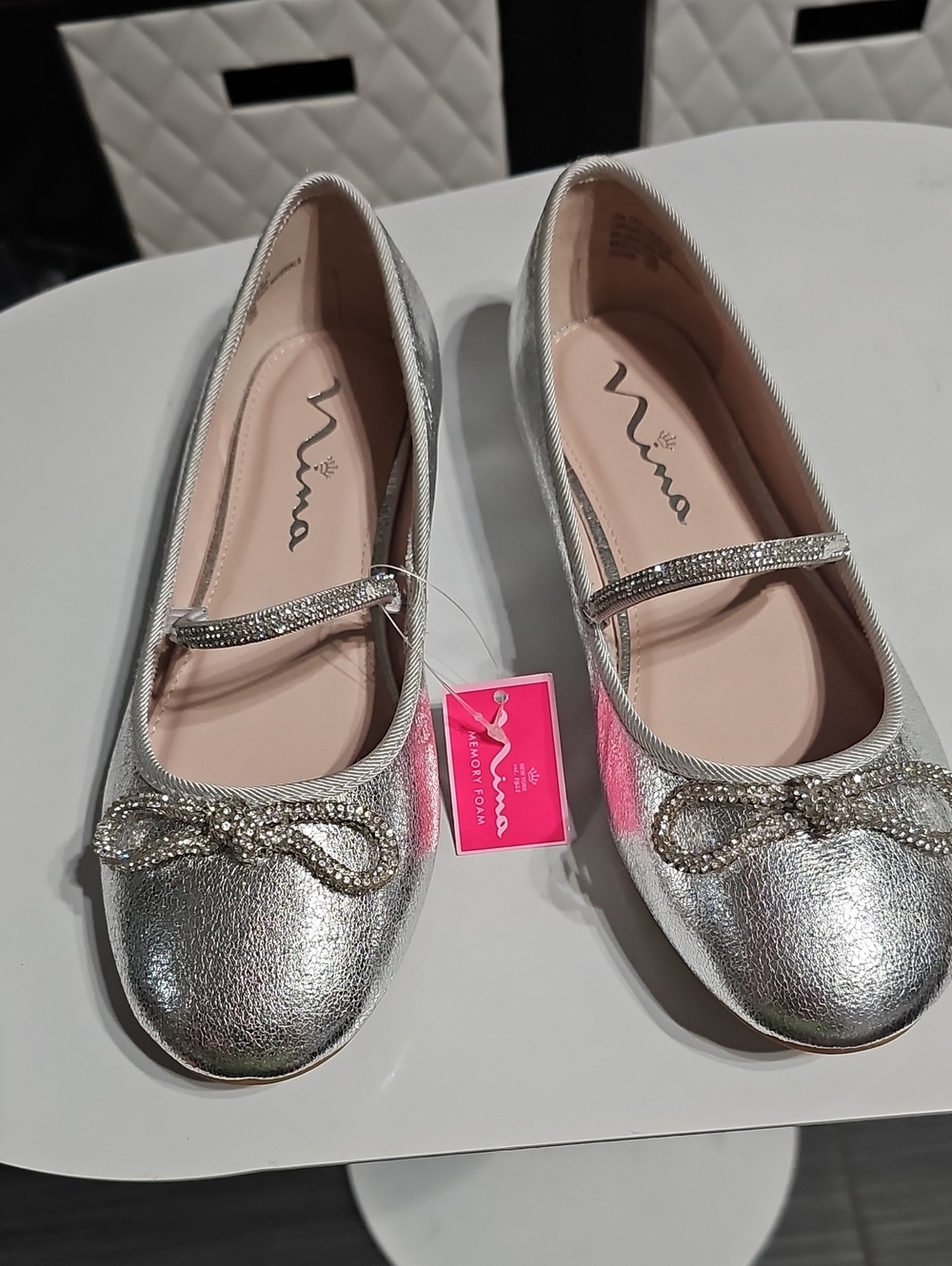 Nina Womans Silver Rhinestone Bow Mary Jane Flats